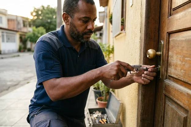Chaveiro mostrando técnicas de abertura de portas em Nilópolis.