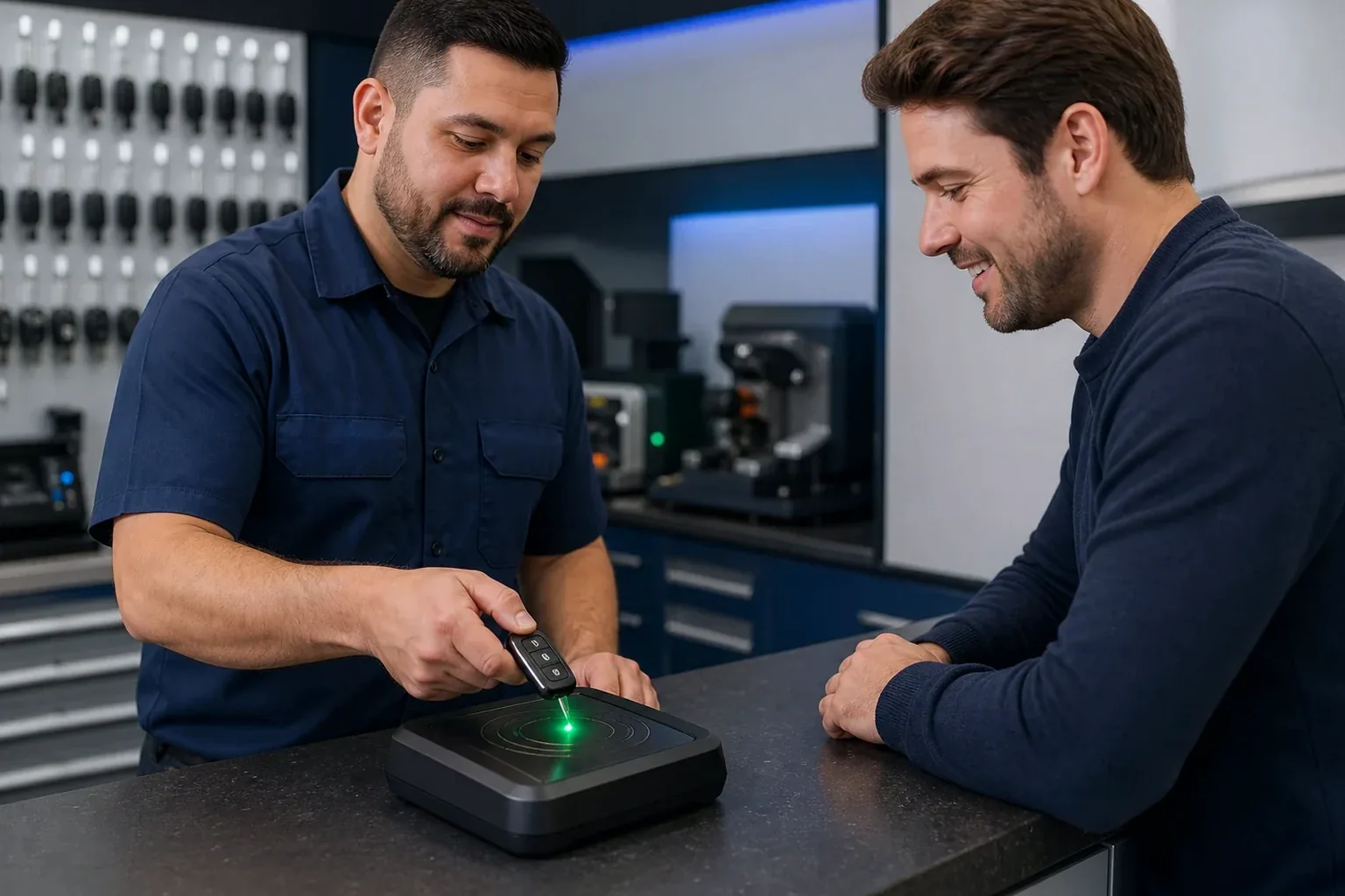 Chaveiro programando uma chave eletrônica com equipamento especializado em Nilópolis.