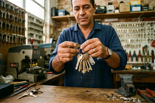 Chaves em bom estado sendo seguradas por um chaveiro em Nilópolis.